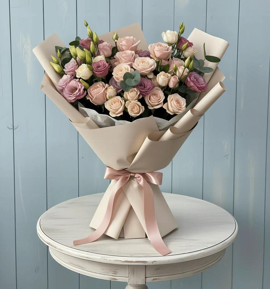 Букет цветов из: Розы и Лизиантусы в Малке