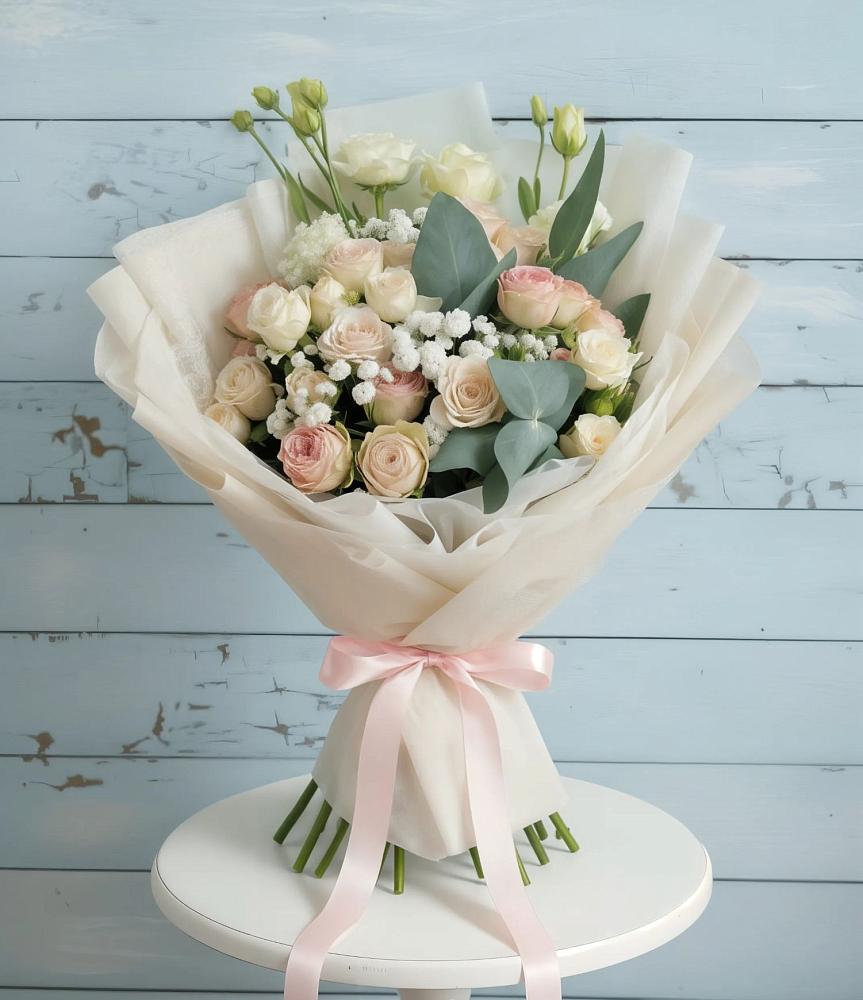 Букет цветов из: Розы и Лизиантусы в Малке